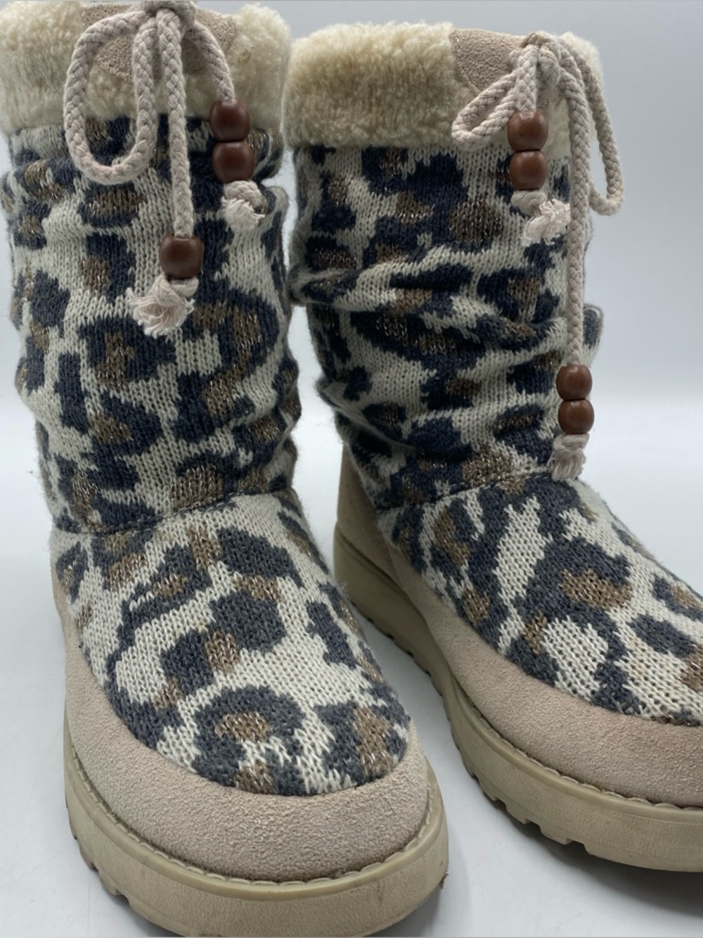Skechers Womens Slip On Brown Mid-Calf Knit Cold Weather Boots Leopard 6 Animal
